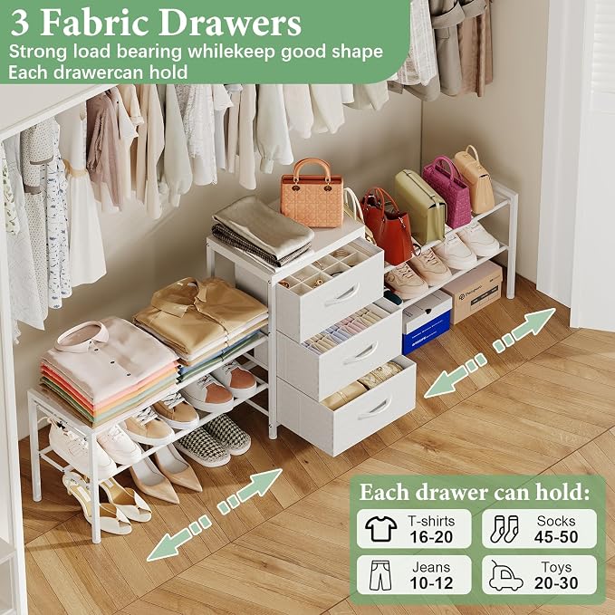 Expandable Closet Organizers and Storage,Wide Long 3 Drawer Dresser | White Fabric Storage Dresser, Clothes Shelves for Kids, Purse Organizer Small Shoe Rack for Closet Bedroom(47.24~71.47in)