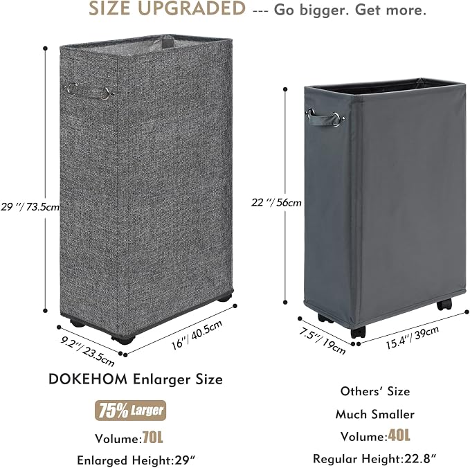 DOKEHOM 29" Enlarged Slim Rolling Laundry Basket Hamper on Wheels, Grey | Collapsible tall laundry hamper with removable mesh wash bag. Foldable narrow corner clothes storage bin for small spaces