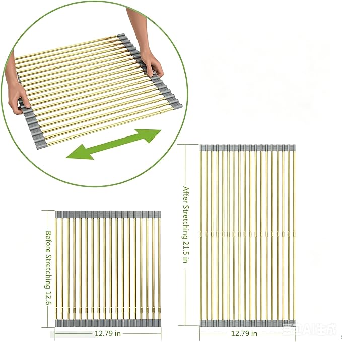 Expandable Large Draining Rack, Roll Up Heat-Resistant Dish Drainer for Stainless Steel Sinks, Collapsible Over The Sink Rack Non-Slip Silicone Rolling Up Rack Gold 18 Tube