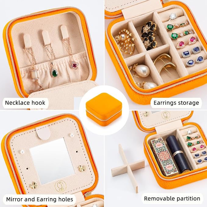 TRODANCE Plush Velvet Travel Jewelry Case Organizer, Small Travel Jewelry Box,Portable Jewelry Box Travel Mini Organizer Portable Display Storage Box For Rings Earrings Necklaces (Orange)
