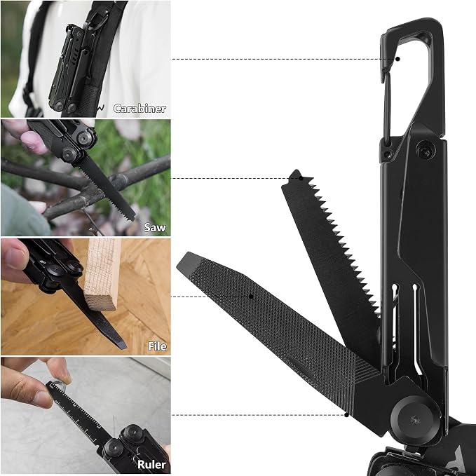FLISSA 15-in-1 Multitool Pliers with Sheath Safety Lock EDC | Stainless Steel with Self-Locking System, Knife, Saw and Screwdrivers. Belt Clip Nylon Carry Case for Outdoor Survival.