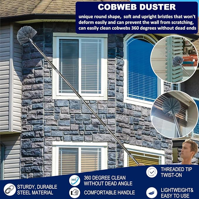 20+ Feet High Reach Duster Kit with 3-14 ft Extension Pole for Cleaning Fan, Spider Web, High Ceiling, Blinds, Furniture, Cars - Cobweb Microfiber Duster // Outdoor & Indoor Extendable Duster