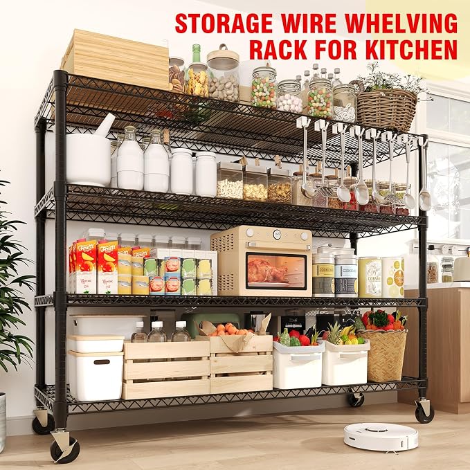Garvee 71.8"H Metal Shelving with Wheels, 4-Tier Storage Shelves Heavy Duty | 2560LBS, Adjustable Wire Shelving Units, Rolling Steel Shelves for Garage Kitchen Industrial Pantry, 59" Wx17.7"D, Black