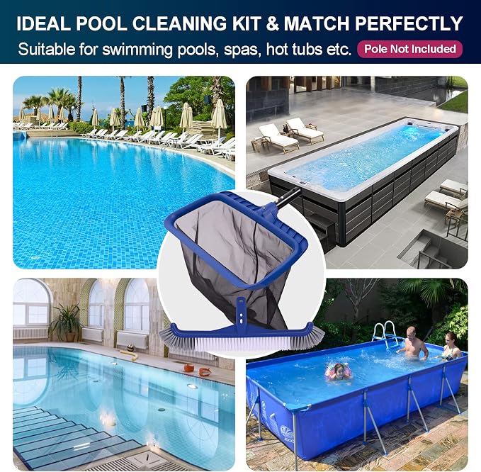Fine Mesh Pool Skimmer Net & Pool Brush Kit, Durable Pool Cleaning Kit Includes Pool Net Skimmer with Sturdy Frame &17.5" Professional Pool Brush Head for Inground Pools & Above Ground Pools