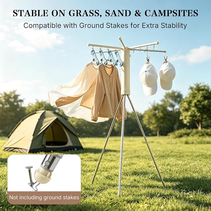 Foldable Clothes Drying Rack, Adjustable Windproof Laundry Drying Rack with Grooves & Clips, Outdoor Clothes Drying Rack Stand for Indoor Outdoor,Travel, Camping, Hotel, RV, Small Apartment
