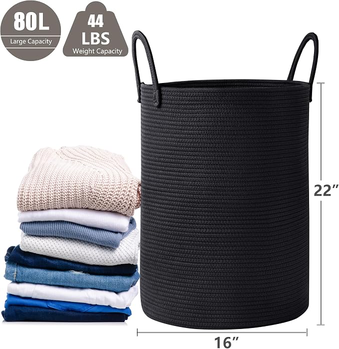 80L Large Black Hamper Woven Tall Laundry Basket for Clothes | Cotton Rope Modern Blanket Storage Basket in Living Room Bedroom 16Dx22H inches