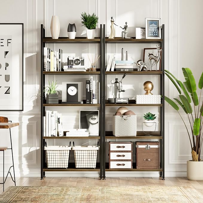 NUMENN Bookshelf, 5 Tier Freestanding Shelving Unit, Dark Walnut | Metal Frame & Wood Shelves, Falling Prevention Baffle, Open Storage Bookcase for Bedroom, Living Room & Home Office