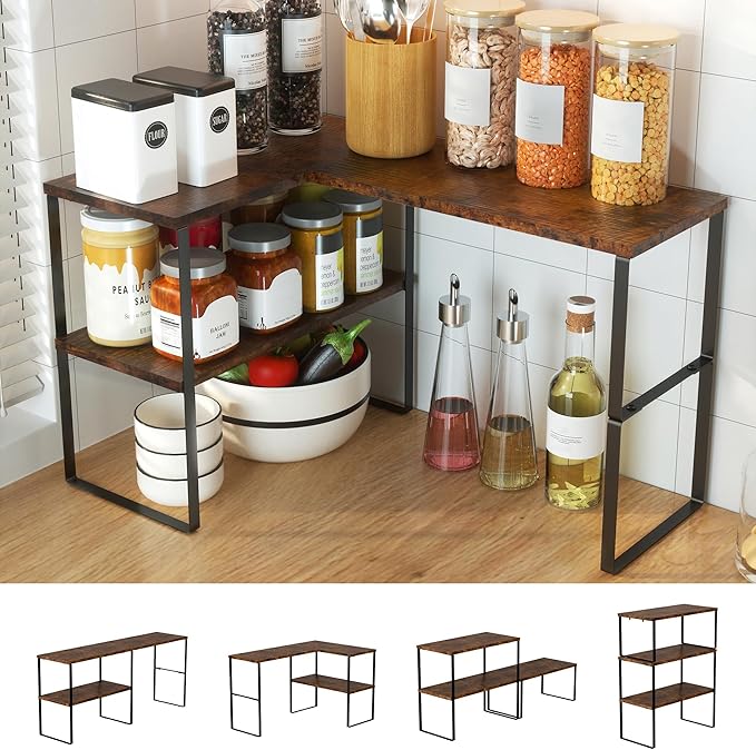 Golener Kitchen Counter Organizer, Countertop Shelf, Adjustable, Stackable | Kitchen Countertop Organizer, Spice Rack, 2-Tier Countertop Shelves, Corner Desk Shelf, Corner Counter Shelf, Rustic Brown