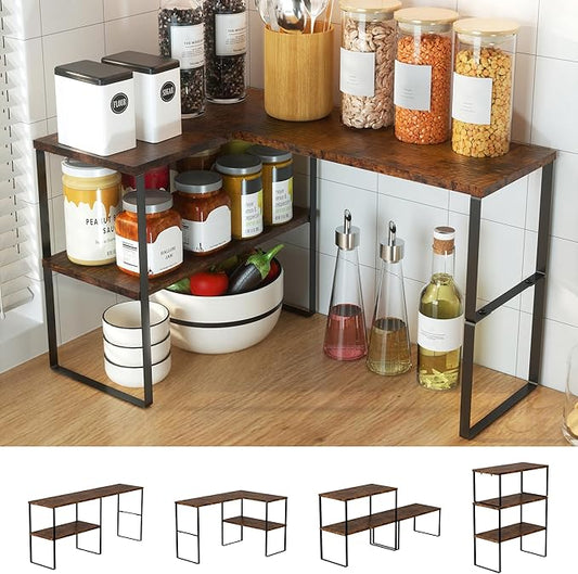 Golener Kitchen Counter Organizer, Countertop Shelf, Adjustable, Stackable | Kitchen Countertop Organizer, Spice Rack, 2-Tier Countertop Shelves, Corner Desk Shelf, Corner Counter Shelf, Rustic Brown