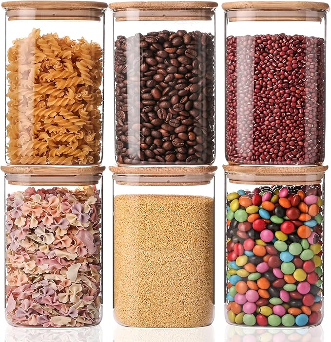 YUNCANG Glass Storage Jars 6 Pack 37oz Clear Glass Food Storage Containers with Airtight Bamboo Lid Stackable Kitchen Canisters for Candy,Cookie,Rice,Sugar,Flour,Pasta,Nuts and Spice Jars(Square)