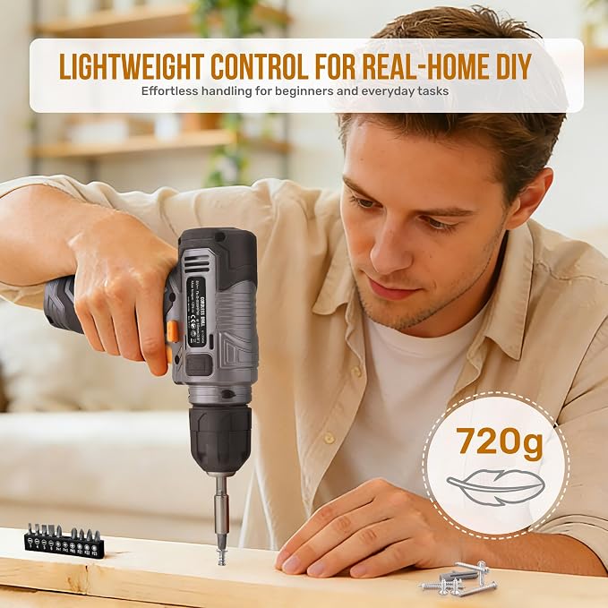 Hi-Spec 8V Cordless Drill Set & Household Tool Kit - USB Rechargeable, Gray | faster holes and screwdriving, bit accessories, portable carry storage, light-duty project control, home setup help, repairs