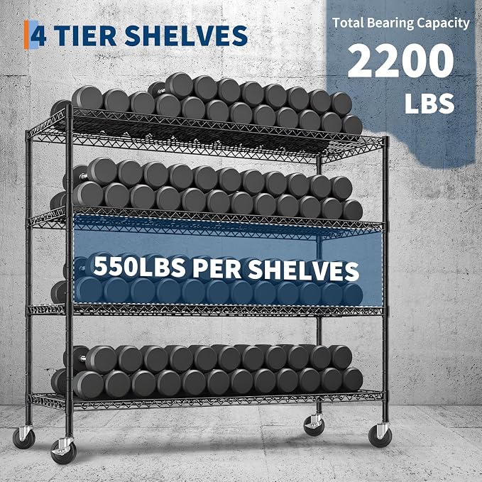 4-Tier Heavy Duty Wire Garage Shelving with Wheels, 2200 LBS Capacity, 24" D x 56" W x 75" H, Adjustable Spray-Coated Iron Metal Storage Rack for Warehouse, Kitchen, Pantry, Utility Room - Black
