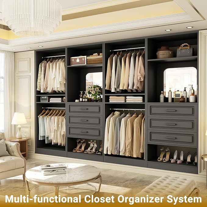 Unikito Closet System with Drawers, 100” Wood Closet Organizer with Hanging Rods and Mirror, Large Walk in Wardrobe Garment Rack with Adjustable Shelves, Sturdy Freestanding Closet Tower, Black