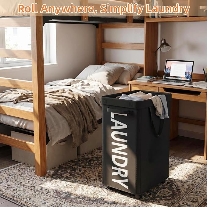 Optish Laundry Basket with Wheels, 90L Rolling Laundry Hamper with Wheels, Large Clothes Hamper on Wheel with Removable Mesh Bag for Bedroom, Dorm Room Essentials, Black
