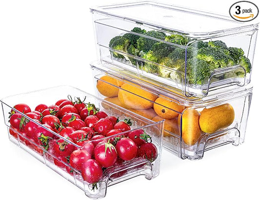 Imncya Pull-Out Fridge Organizer, Stackable Refrigerator Drawer Organizer Bins, Fridge Drawers Food Storage Containers for Fruits, Vegetables, Drinks, Snack (3 Pack Clear)