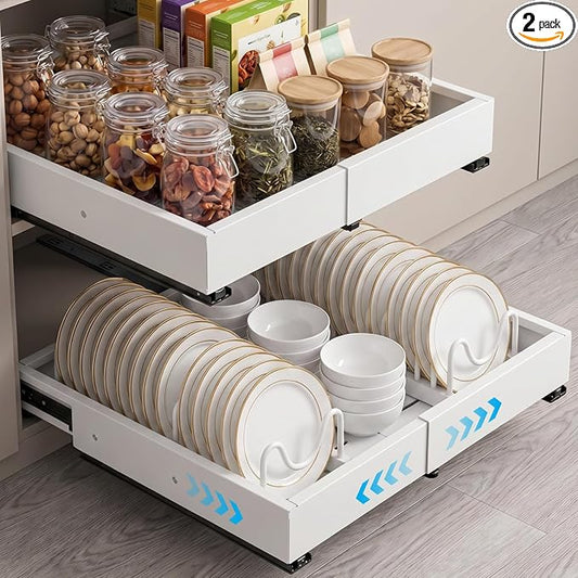 DOMNIU 2 Pack Pull Out Cabinet Organizers Expandable Width(12"-19") and Depth(17"-23"), Metal Slide Out Drawers, Upgrade 3 Slide Rails Sliding Drawer for Kitchen Cabinet Organizer, White