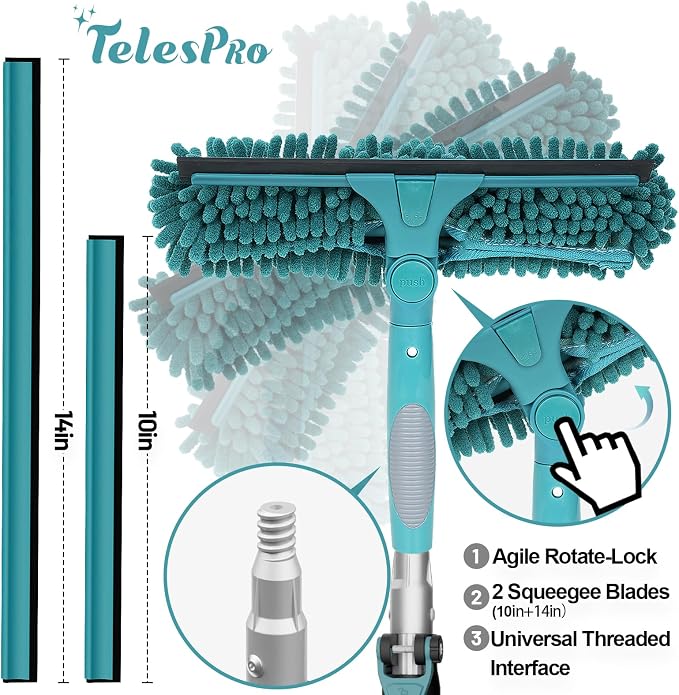 TelesPro 20 Feet High Reach Window Squeegee with 5-12Ft Extension Pole, Window Cleaner Tool with 3-Stage Telescoping Pole, Window Cleaning Kit with Rotatable Head (2 Squeegee & 2 Microfibre Cloths)