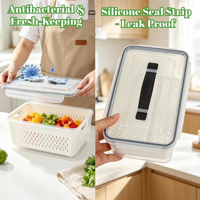 KUK 5 Pack Fruit Storage Containers for Fridge, Leakproof Food Containers with Removable Colander, Berry Containers for Fridge BPA Free Produce Saver Keep Vegetables Berry Meat Fresh Longer (5)