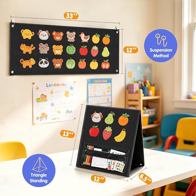 AKAYOK Felt Board - Double-Sided Flannel Boards Stories for Preschool Learning, Interactive Storytelling & Play | 33" x 12" Foldable Felt Letter Board for Home & Classroom Use