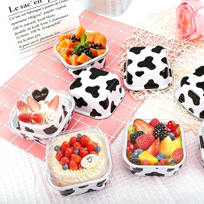 30Pack 5oz Cow Mini Cake Pans with Lids Baking Cups Aluminum Foil Pans Tins, Individual Dessert Cups Containers for Sales,Party,Picnics