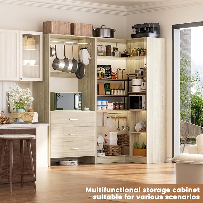 Aheaplus Closet System with 3 Drawers, 2 Hanging Rods & Corner Tower, Corner Closet System with Hanging, L-Shaped Walk-In Wardrobe Organizer, 1300+ lbs Capacity, Set of 2, White Oak
