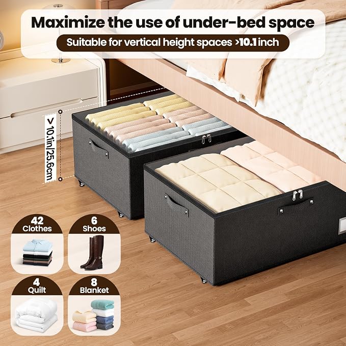 Dayacoco Under Bed Storage With Wheels,10in Underbed Storage Containers 65L | Large Capacity Underbed Storage, No Assembly Required Rolling Under Bed Storage for Clothes Blankets Shoes Black
