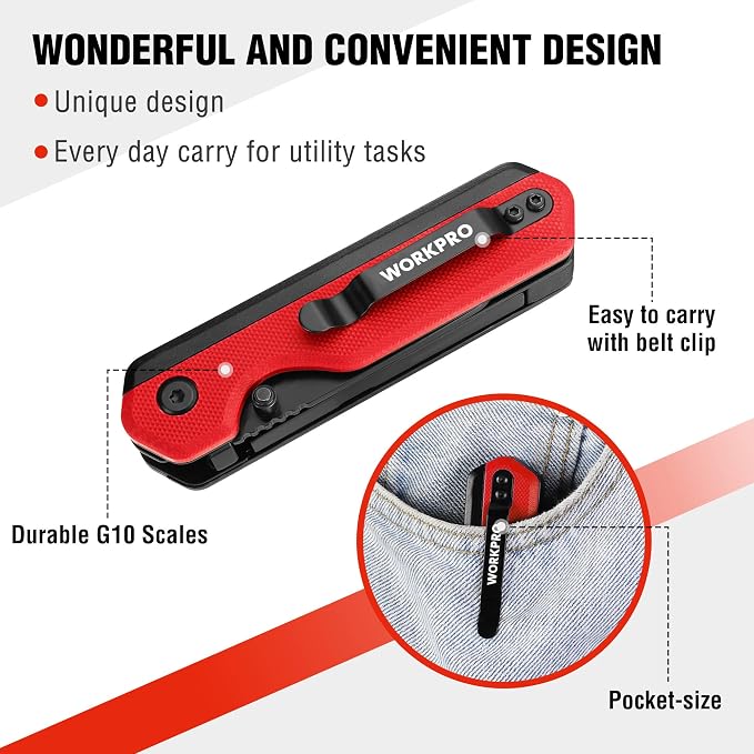 WORKPRO 2-in-1 Folding Knife/Utility Knife, Wood Handle, Red G10 Handle | Quick-Change Box Cutter, Liner Lock, Belt Clip, 10 SK5 Blades, Carton Cutting, Camping, Hiking, DIY Projects