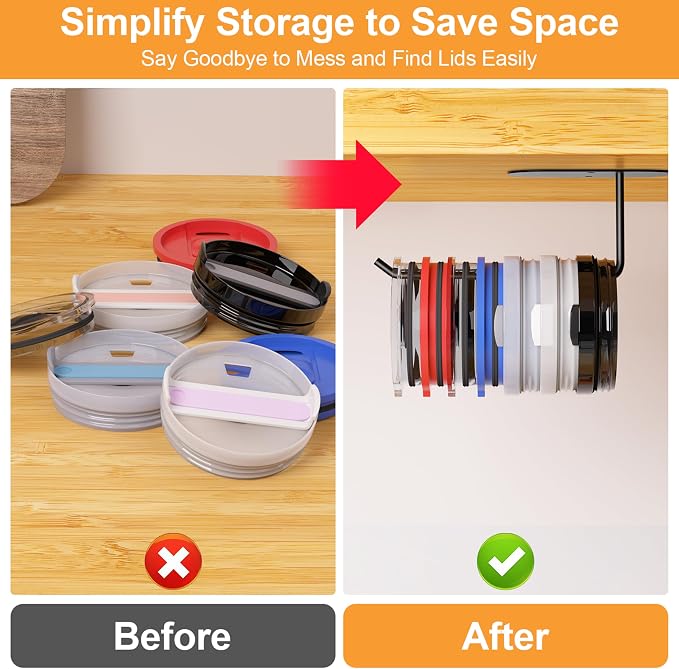 2 Pack Tumbler Lid Organizer, Space Saving Cup Lid Organizer | Yeti/Stanley/Simple Modern Lids Organizer, Self-Adhesive or Drilling Tumbler Lid Hook for Kitchen Organizers and Storage