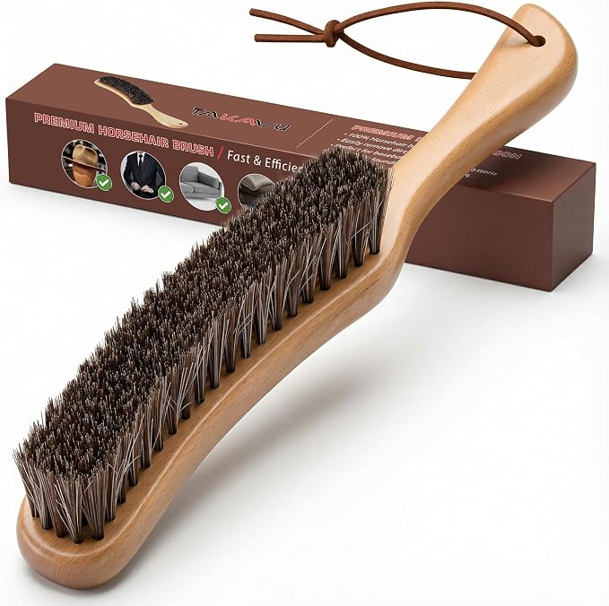 TAKAVU Horsehair Clothes Brush for Suits, Large Beech Wood Handle | Lint Brush for Coats, Cashmere, Wool, Velvet & Suede Upholstery, Hats & Jackets, Natural Bristle Garment Care