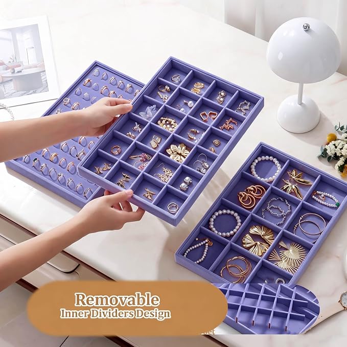 Large Velvet Jewelry Tray 2 Pack Stackable Jewelry Display Drawer Inserts Trays Organizer for Earring Bracelet Necklace Ring (Purple, 12 Grids+24 Grids)