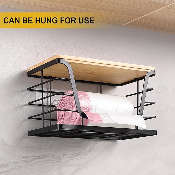 ALOCEO 2 Pack Storage Stackable Kitchen Laundry Organizers with Bamboo Top, Large Trash Bag Holder and Small Garbage Bag Dispenser for Countertop Organization