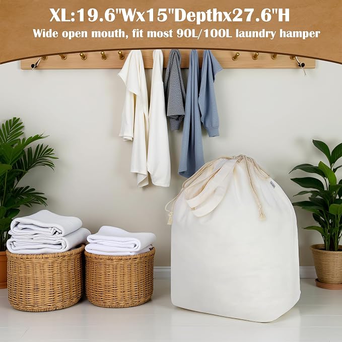 Canvas Laundry Bags with Handles & Rectangular Base, 20"Wx15"Dx27.6"H Beige | Extra Large Heavy Duty Laundry Basket Hamper Liner Replacement, Washable Drawstring Dirty Clothes Bag, Canvas Storage Sack