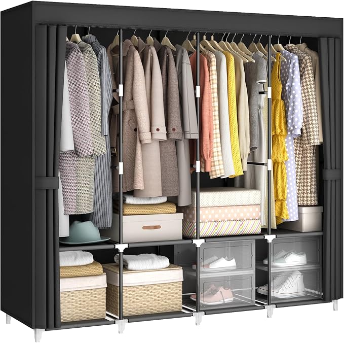 67" Portable Wardrobe Closet for Hanging Clothes, 8 Shelves 4 Rods & Cover