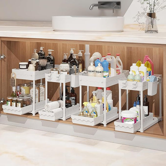Sevenblue Under Sink Organizer, Bathroom Organizers and Storage, 2 Tier Multi-Use Pull Out Cabinet Organizer with Hang Hooks and Cups (White, 14.8 Inch)