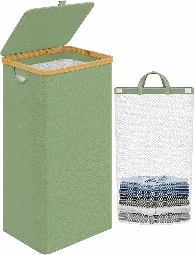IEGrow Laundry Hamper with Lid,110L Laundry Basket with Mesh Bag,Green | Dirty Clothes Hamper Basket with Bamboo Handle for Clothes Towels Organization