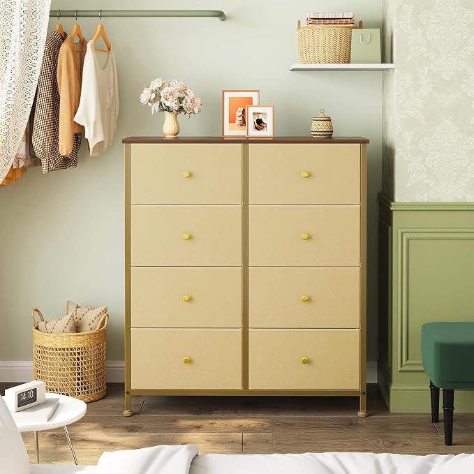 OLIXIS 8 Drawer Storage Dresser for Bedroom, Closet Organizers Units, Khaki | Fabric Dresser with Wooden Top, Chest of Drawers Clothes Storage, Tower Cabinet, TV Stand Furniture