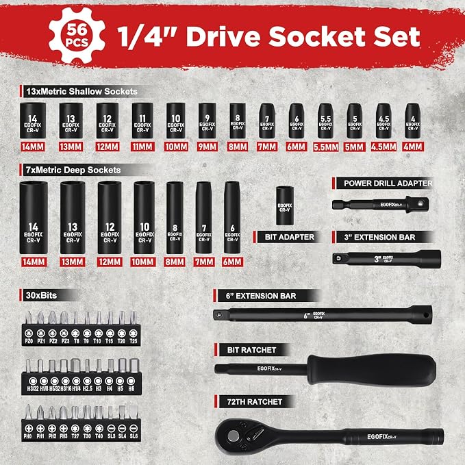 1/4" Ratchet Wrench Socket Set 56 PCS, Metric Shallow Socket (4-14mm) and Deep (6-8, 10-14mm), with Mini 72-Teeth Ratchet, Screwdriver Bit Set, Small Tool Kit for Home Use, Motorcycle and Bike