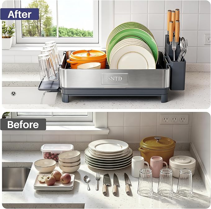 SNTD 304 Stainless Steel Dish Drying Rack for Small Kitchen Counter, Grey | Rustproof, Large Capacity, Heavy-Duty Frame, Rotating Spout, Angled Drainboard, Removable Cup & Utensil Holder