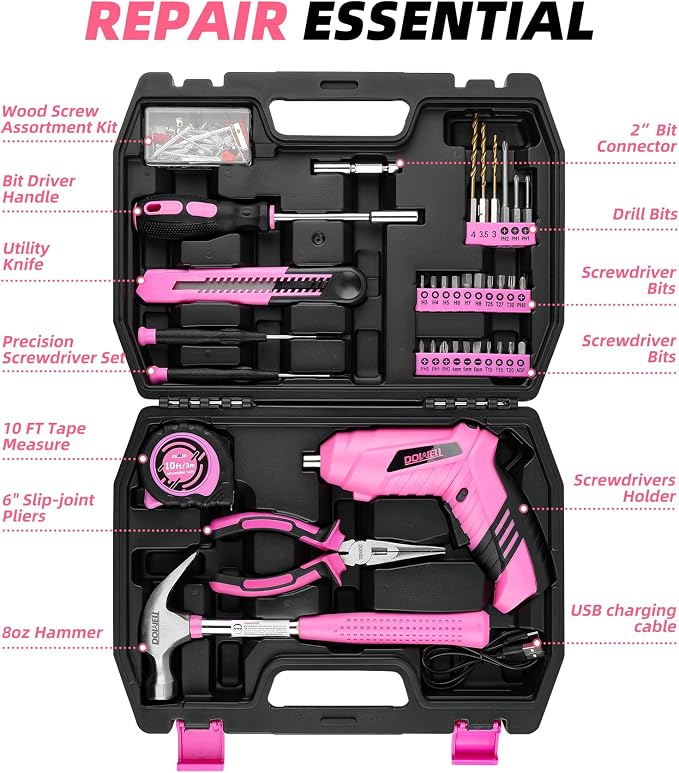 DOWELL 116Pcs Pink Tool Kit, Tool Set with 3.6V USB Cordless Screwdriver | Small Drill Set for Women, Girls