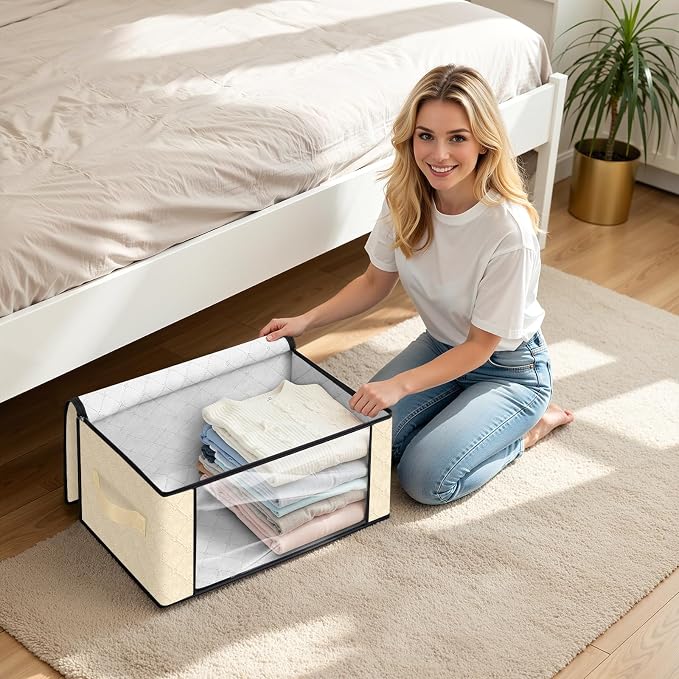 Fab totes 35L Closet Organizers and Storage, Foldable Under Bed Storage Containers, Storage bags for Organizing Bedroom, Closet, Clothing,Organization with Handle (10 Pack,Beige)