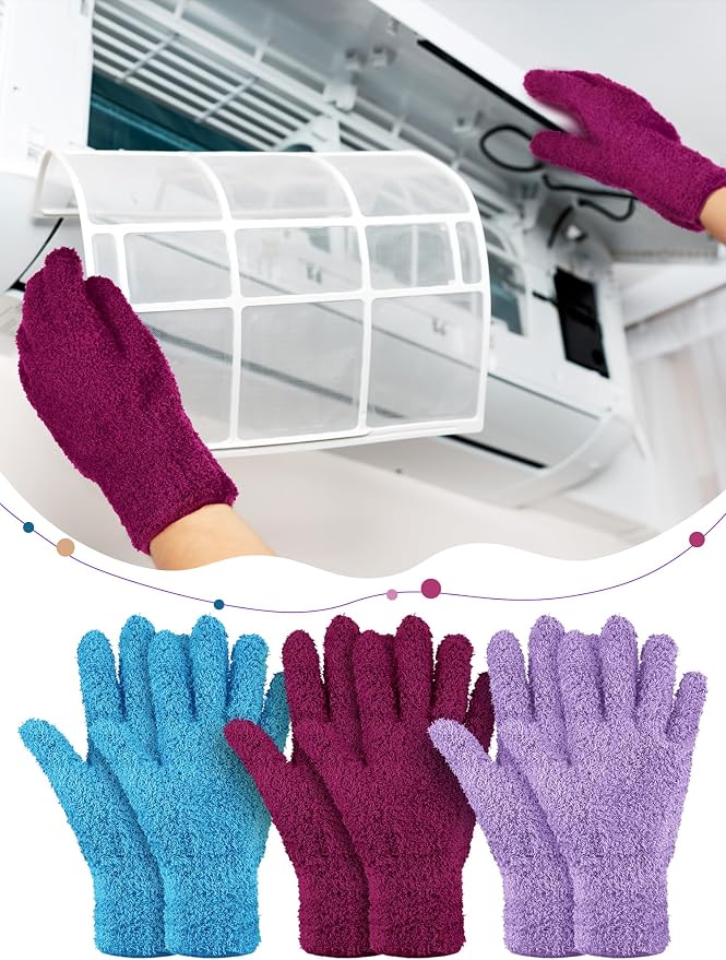 Patelai 3 Pairs Microfiber Plant Dusting Gloves Leaf Cleaning Gloves for Indoor Plants, Blinds, Furniture, House (Reddish Violet,Blue,Purple,Large)