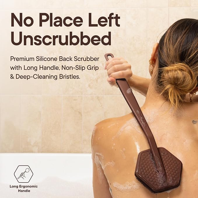 TOOLETRIES Silicone Back Scrubber for Shower, Bath Brush - Chocolate | Long ergonomic handle and non-slip grip make exfoliating hard-to-reach areas simple and comfortable.