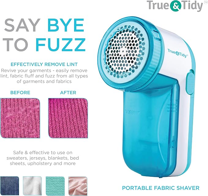 True & Tidy, Portable Fabric Shaver, Safely Removes Lint, Fabric Fluff and Fuzz Balls from All Types of Garments & Fabrics, LR-03, Aqua (Batteries not Included)