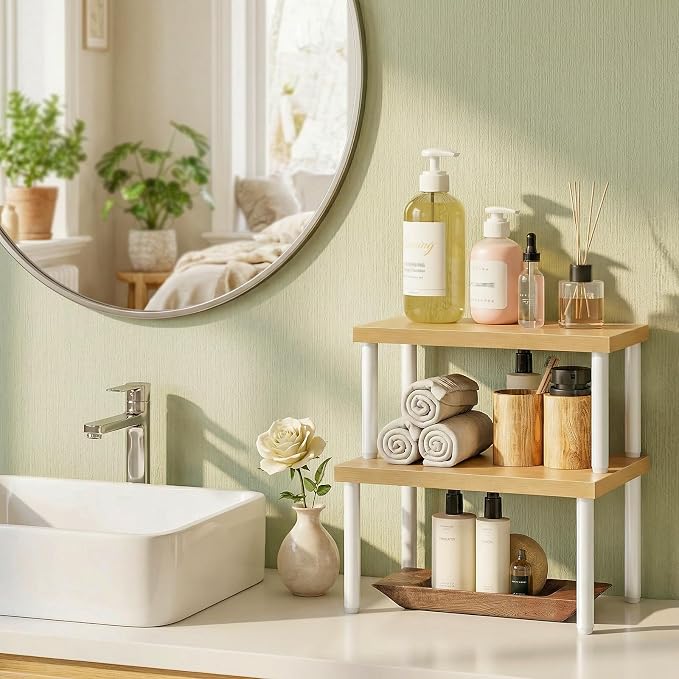 HOOBRO Cabinet Organizer Shelf, kitchen countertop organizer, Kitchen Storage, Spice Rack for cabinet, Stackable, Expandable, for Countertop,kitchen,cabinet, White and Natural WN15TL01