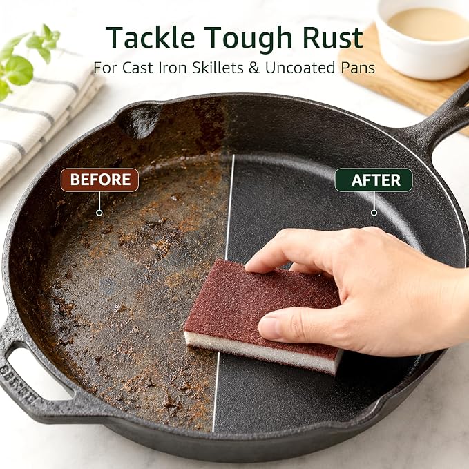 10 Pack Magic Carborundum Cleaning Sponge, Heavy Duty Rust Eraser Pads for Kitchen Cast Iron Skillets, Grill Grates, Stove Tops, Pots, Tools, Brown Nano Melamine Emery Scouring Sponges