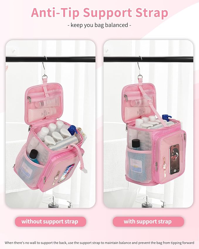 CUBETASTIC Mesh Shower Caddy Bag Portable - Large Capacity Shower Bag with Waterproof Phone Pocket & Sturdy Hook, Dorm Shower Caddy for Travel, Gym, College Essentials for Women & Men (Pink, M)
