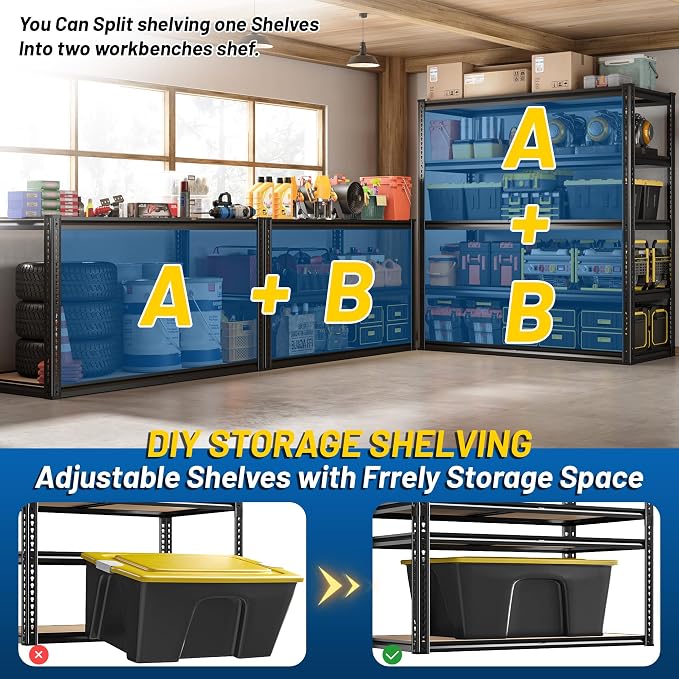 ROOMFAVE 40" W Storage Shelves 5 Tier Garage Shelving Heavy Duty,2350LBS Adjustable Metal Shelving Unit, Garage Shelves for Basement, Warehouse, Pantry, Closet, 72.1" H x 40" W x 20" D, Black,2PCS