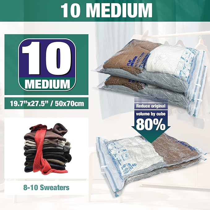 Vacuum Storage Bags, 10 Medium Space Saver Vacuum Seal Bags, Space Bags, Vacuum Sealer Bags for Clothes with Travel Hand Pump (10M) | Home and Travel, Airtight Triple Seal, Save 80% Space, Hand Pump, Work with Vacuum, Double Zip, Reusable, Easy to Use