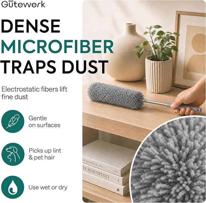 GÜTEWERK Extendable Microfiber Duster, 55 Inch - Feather Dusters for Cleaning Ceiling Fans, Blinds, Baseboards & High Ceilings - Washable, Electrostatic, 360° Bendable Head, Stainless Steel Pole