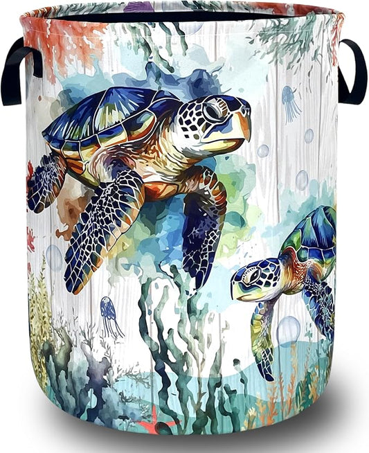 Funny Ocean Sea Turtle Laundry Basket Oxford Cloth Cute Turtles Laundry Hamper With Handle Foldable Portable Clothes Storage Basket Ocean Laundry Bag 18.9"x16.5" For Laundry Room/Bedroom/Bathrooms